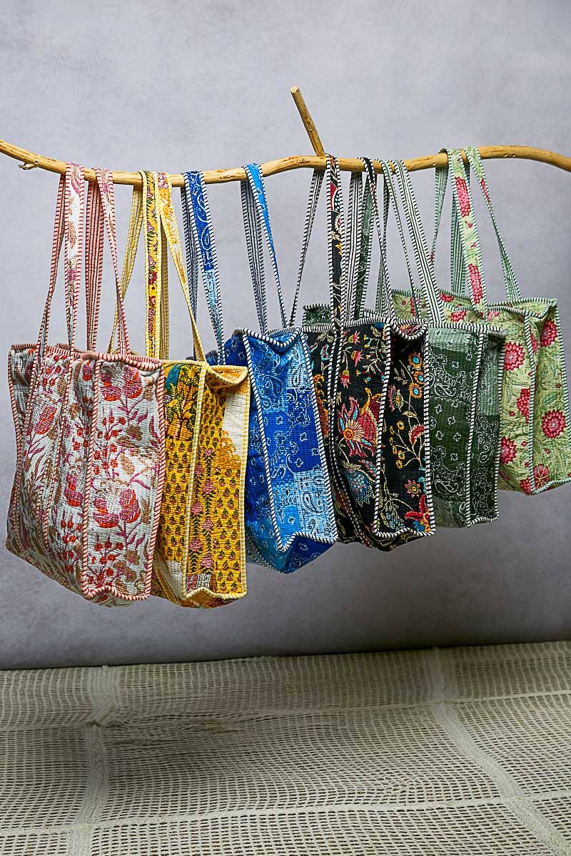 Yellow Quilted Striped Tote Bag