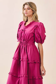 Pink Drawstring Waist Tiered Ruffle Dress