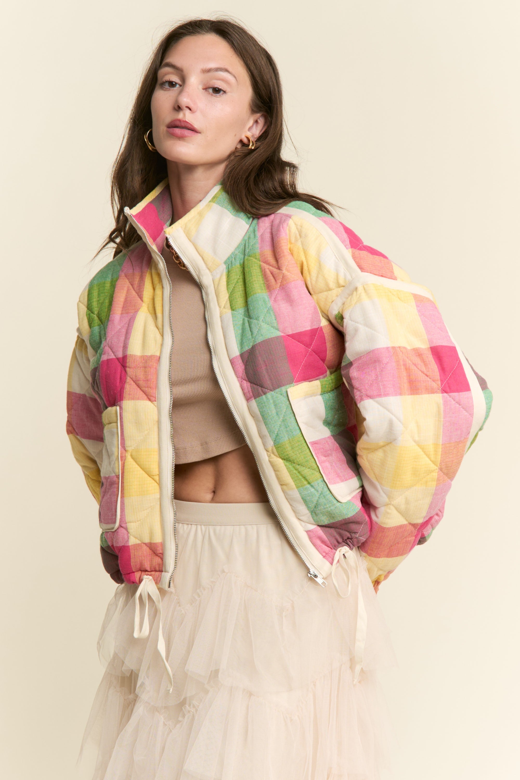 Pink Multi-color Plaid Puffer Jacket