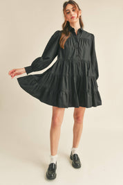 Black Tiered Button Down Mini Dress