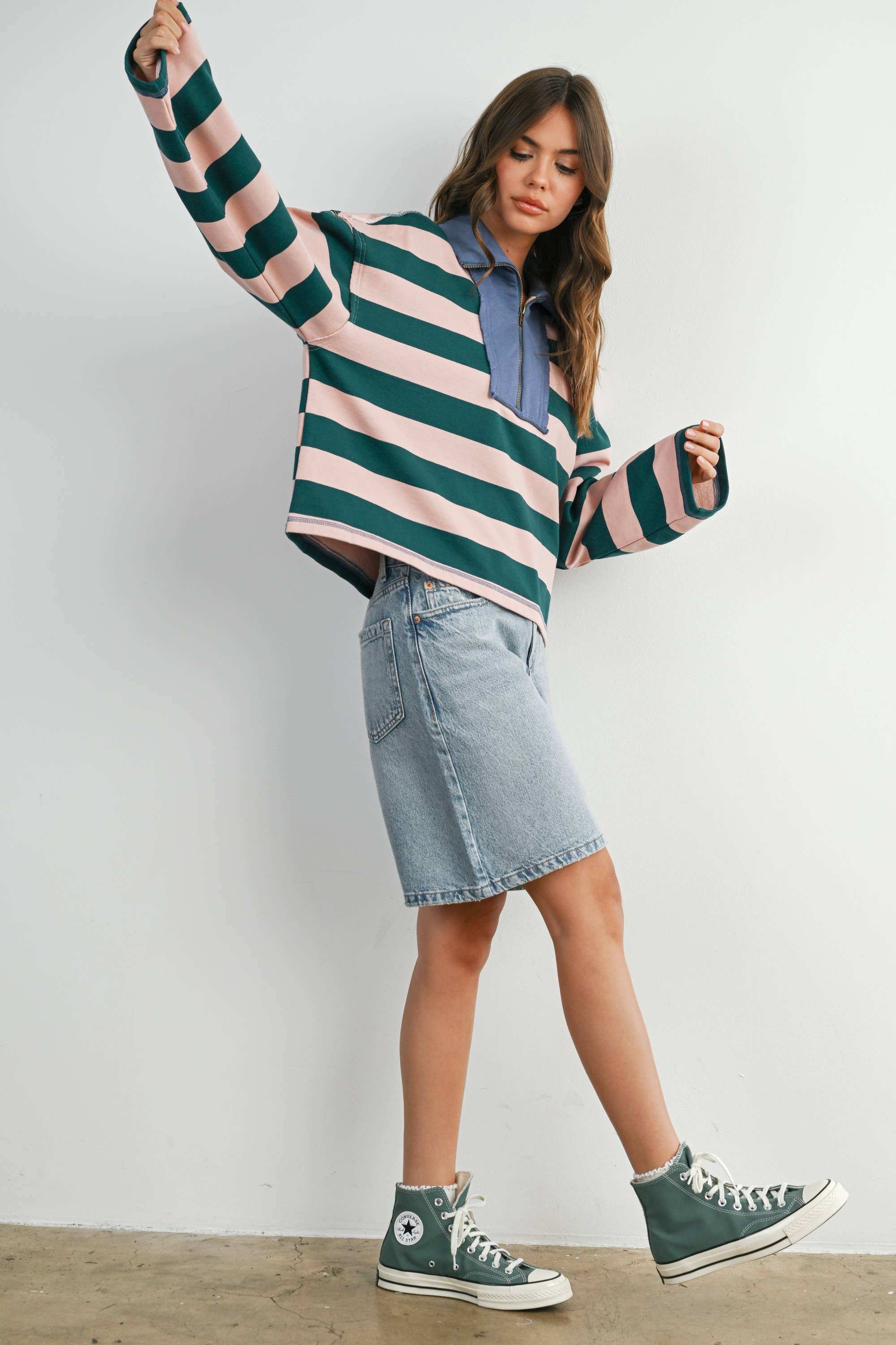 Green Striped Quarter-Zip Contrast Collar Sweatshirt