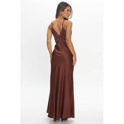 Brown Lace Trim Satin Maxi Dress