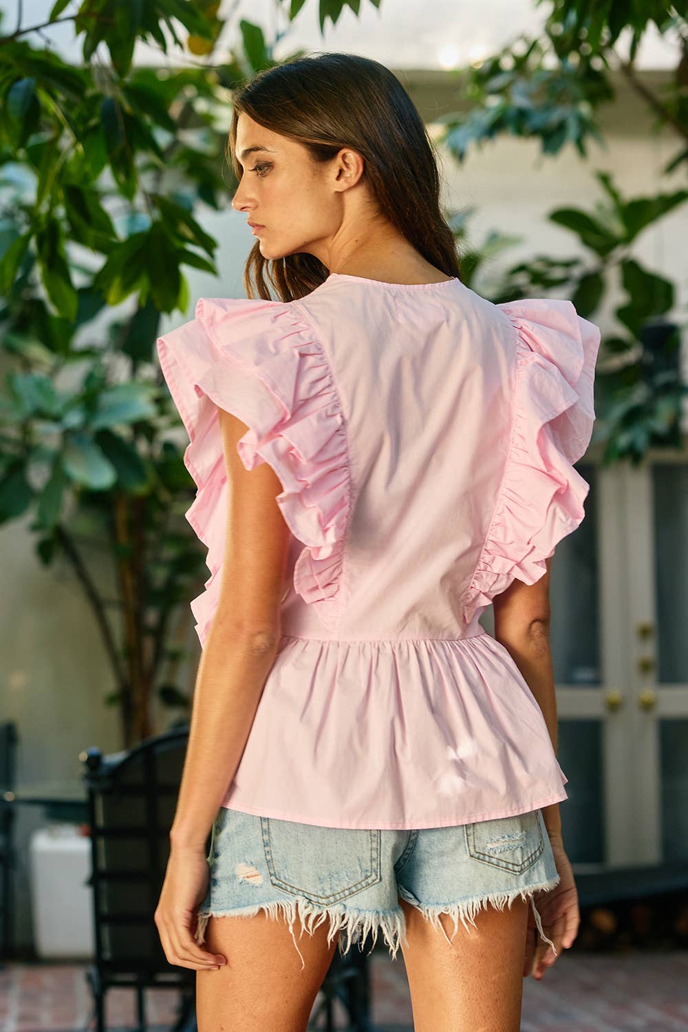 Pink Ruffle Smocked Peplum Blouse
