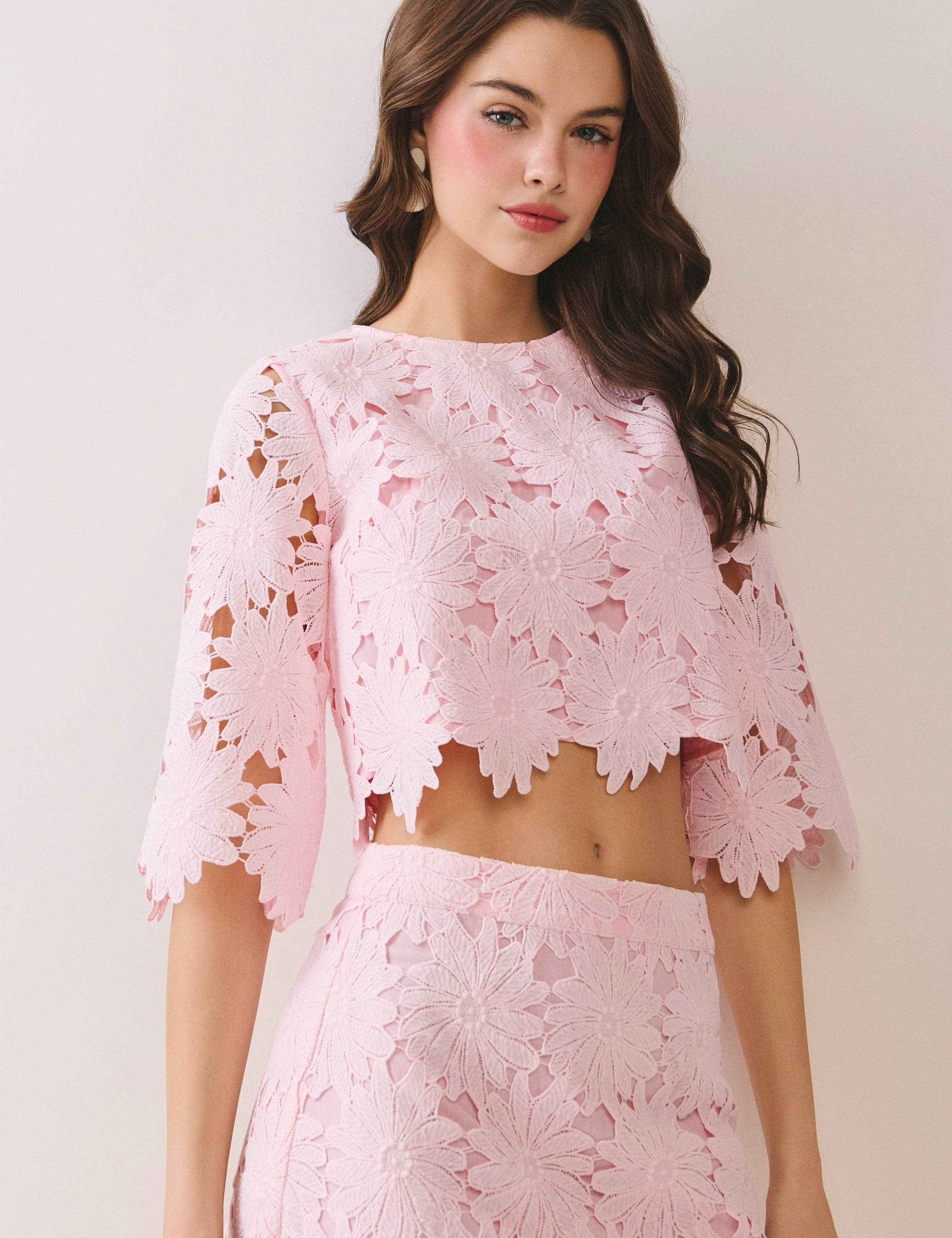 Pink Floral Lace Cropped Top