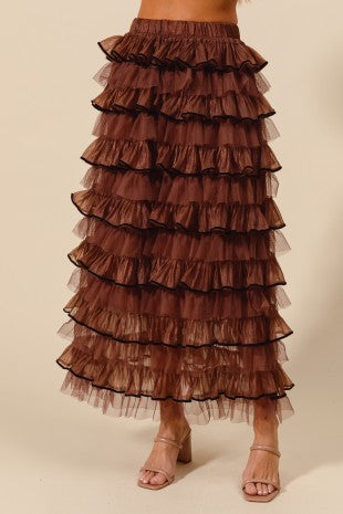 Brown Layered Ruffle Maxi Skirt