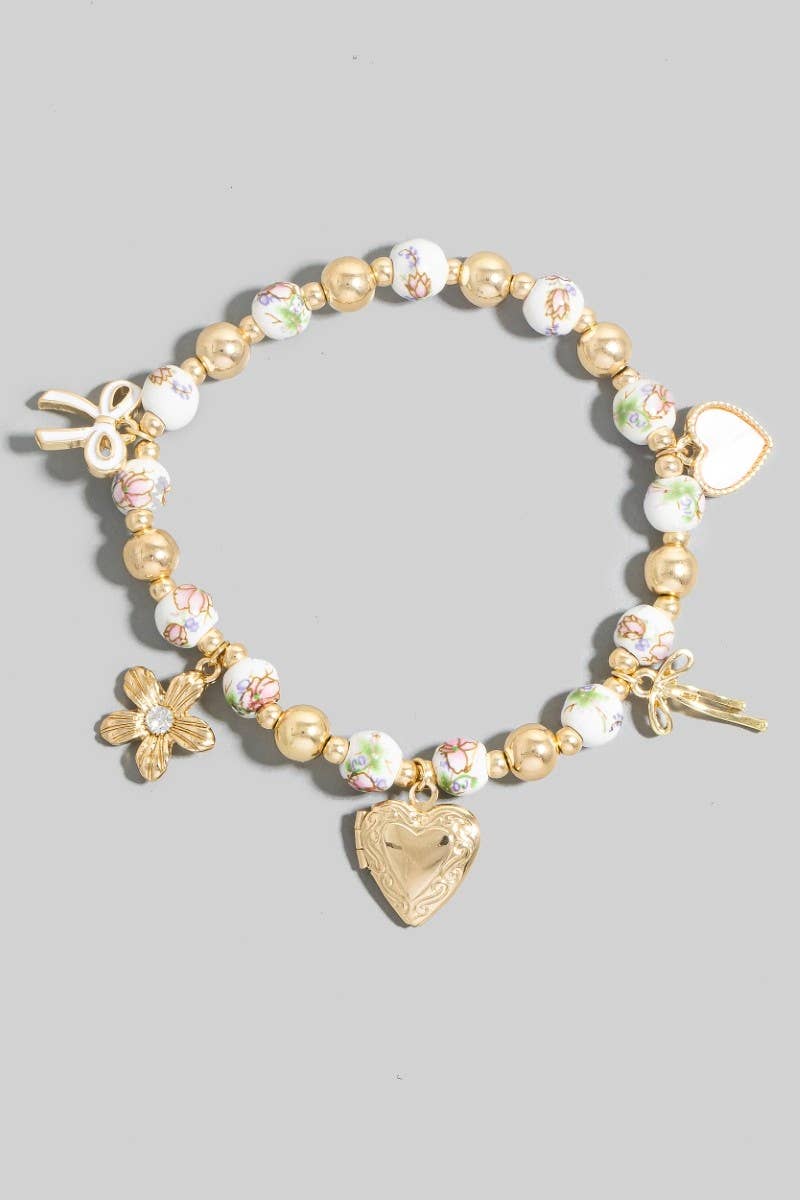 Flower And Heart Locket Charms Floral Ceramic Beaded