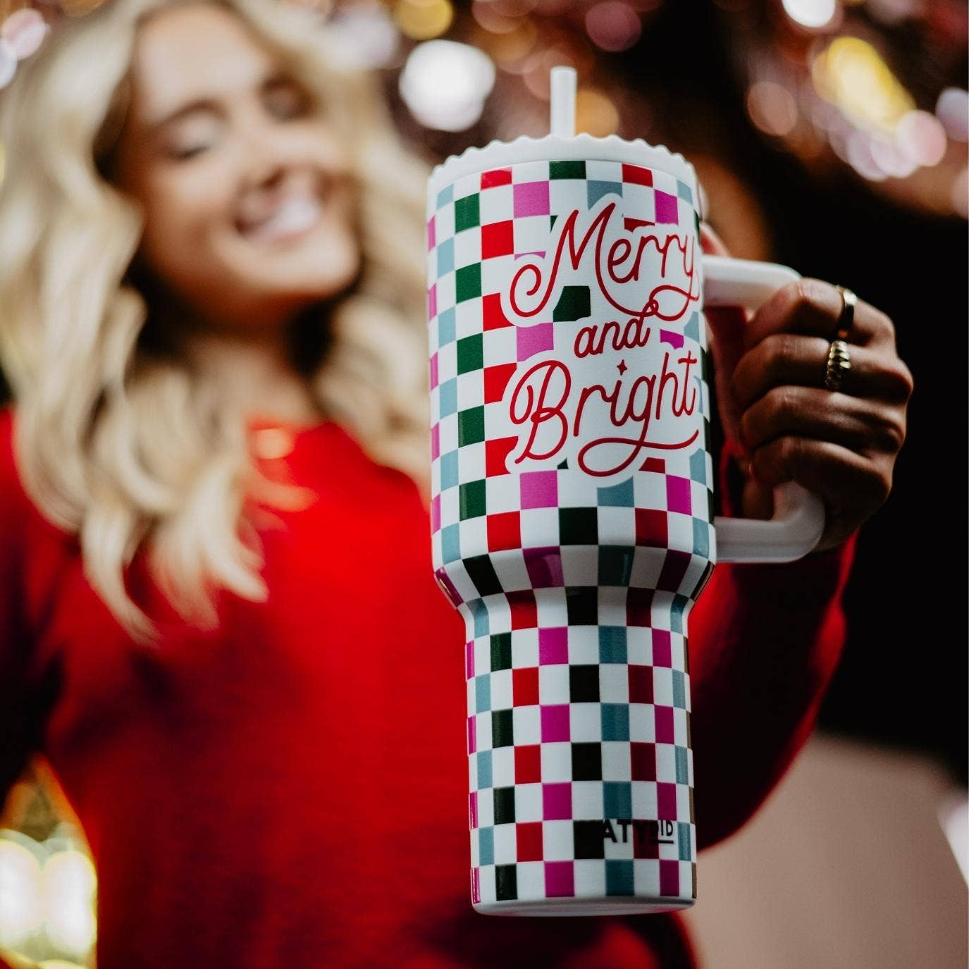 Merry & Bright Checkered Christmas Tumbler Cup from Ninety Nine Boutique