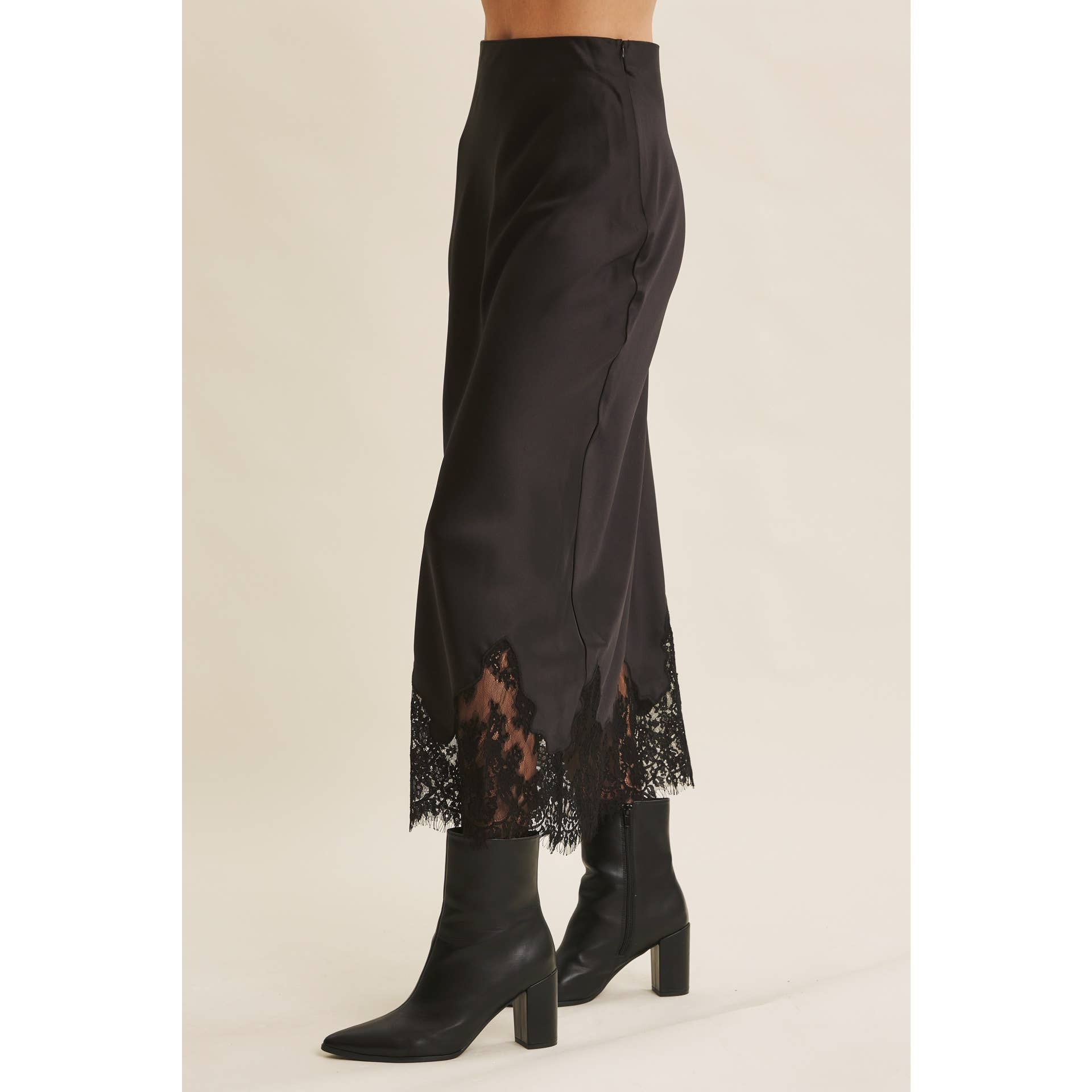 Black Lace and Satin Midi Skirt