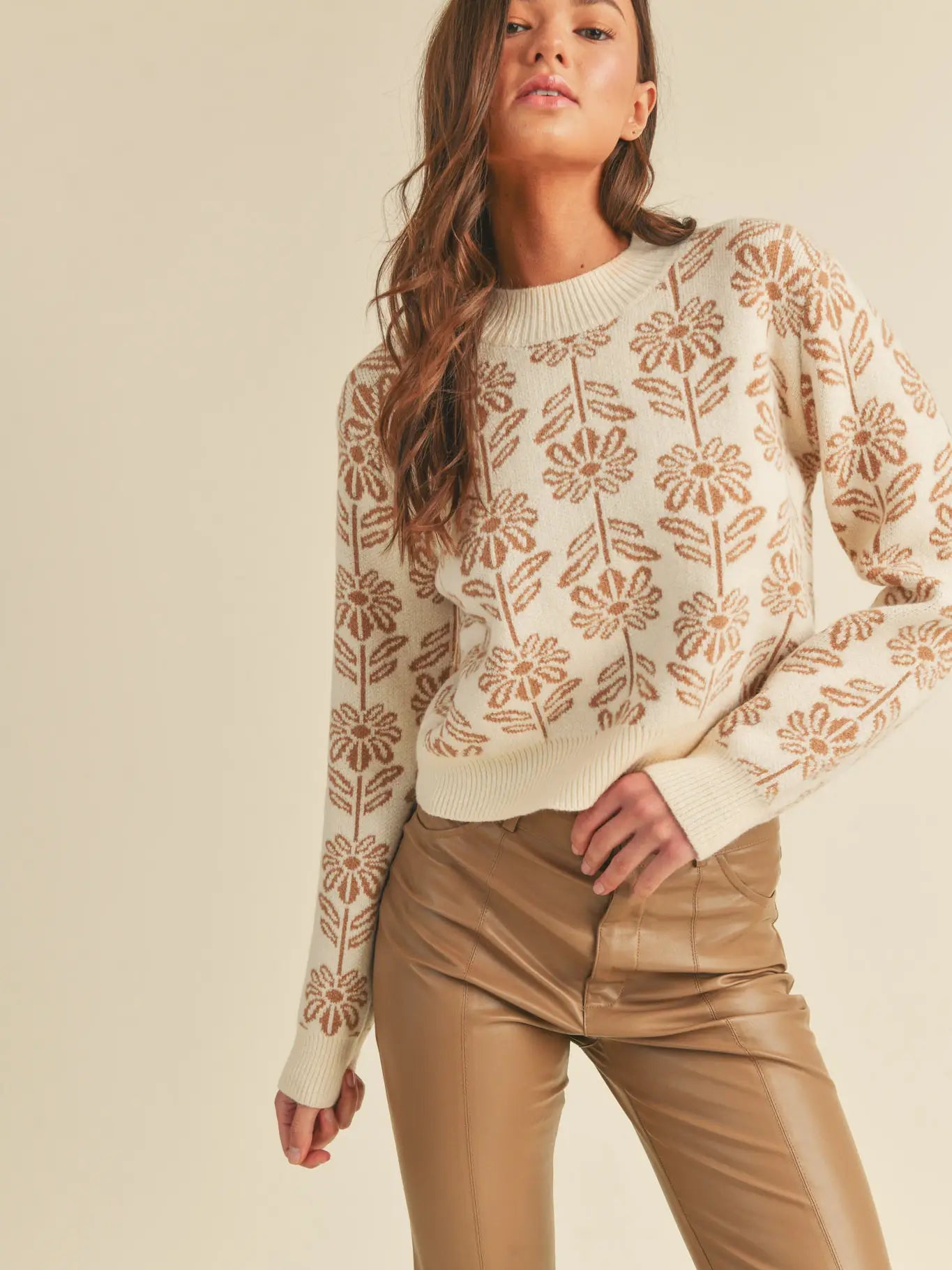 Beige Floral Pattern Knit Sweater