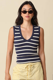 Navy & Cream Striped V-Neck Tank Top