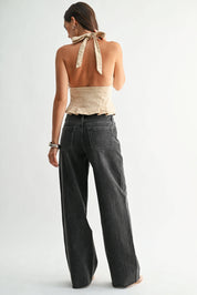 Black High Rise Full Length Wide Leg in 100% Cotton
