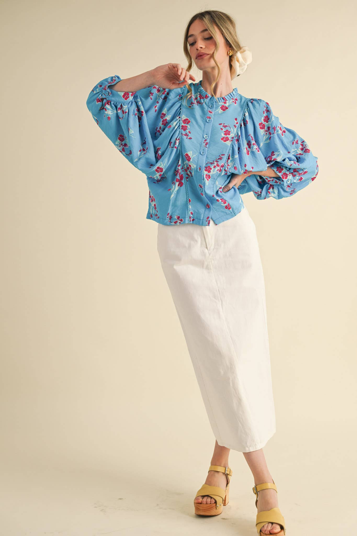 Blue Floral Dolman Sleeve Blouse
