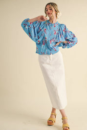 Blue Floral Dolman Sleeve Blouse