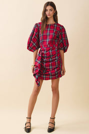 Plaid Puff Sleeve Ruffle Dress