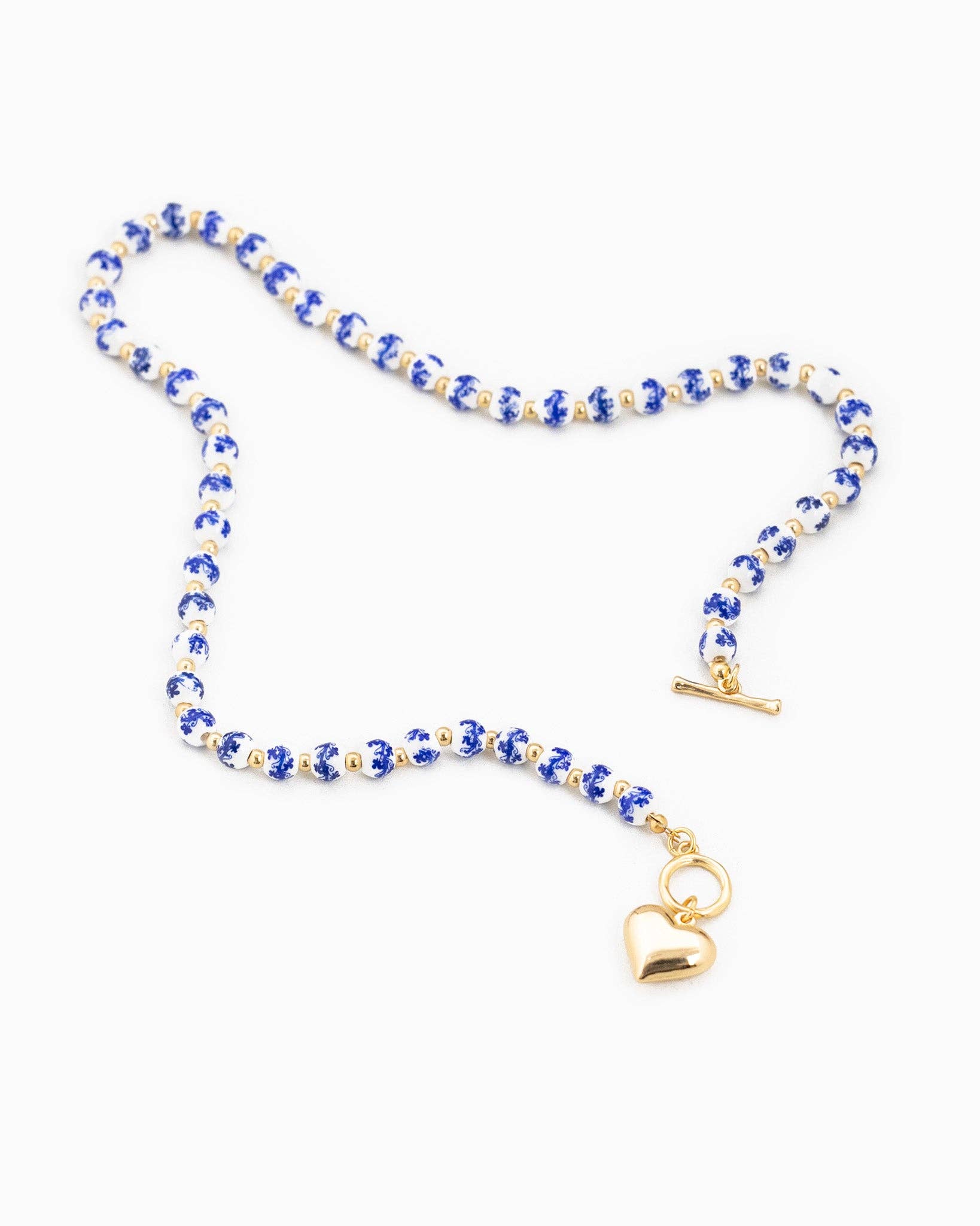 Blue Ceramic Bead Puffy Heart Toggle Necklace