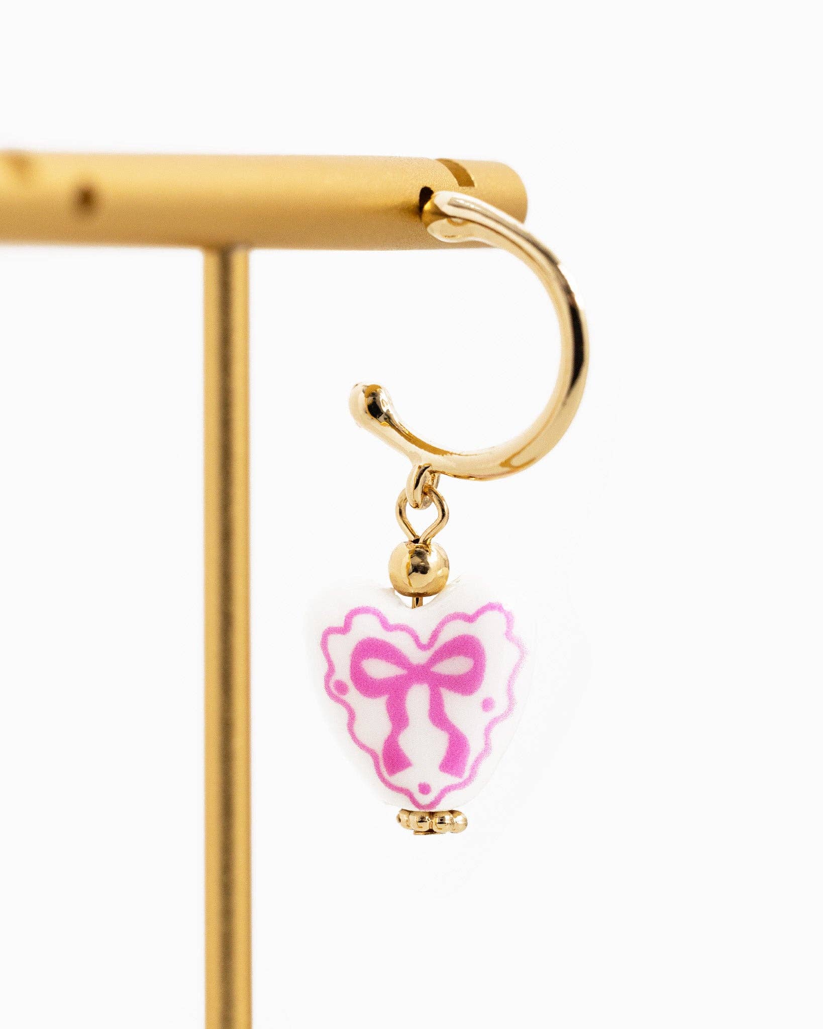 Pink Ceramic Heart Bow Graphic Drop Hoop Earrings