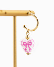 Pink Ceramic Heart Bow Graphic Drop Hoop Earrings