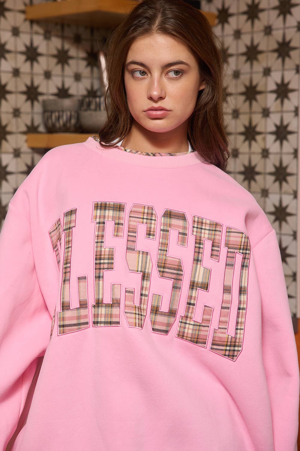Pink Plaid Blessed Crewneck