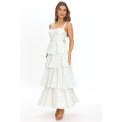 White & Green Floral Tiered Maxi Dress