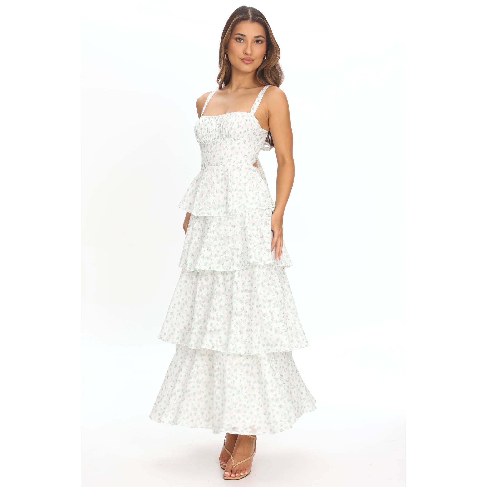 White & Green Floral Tiered Maxi Dress