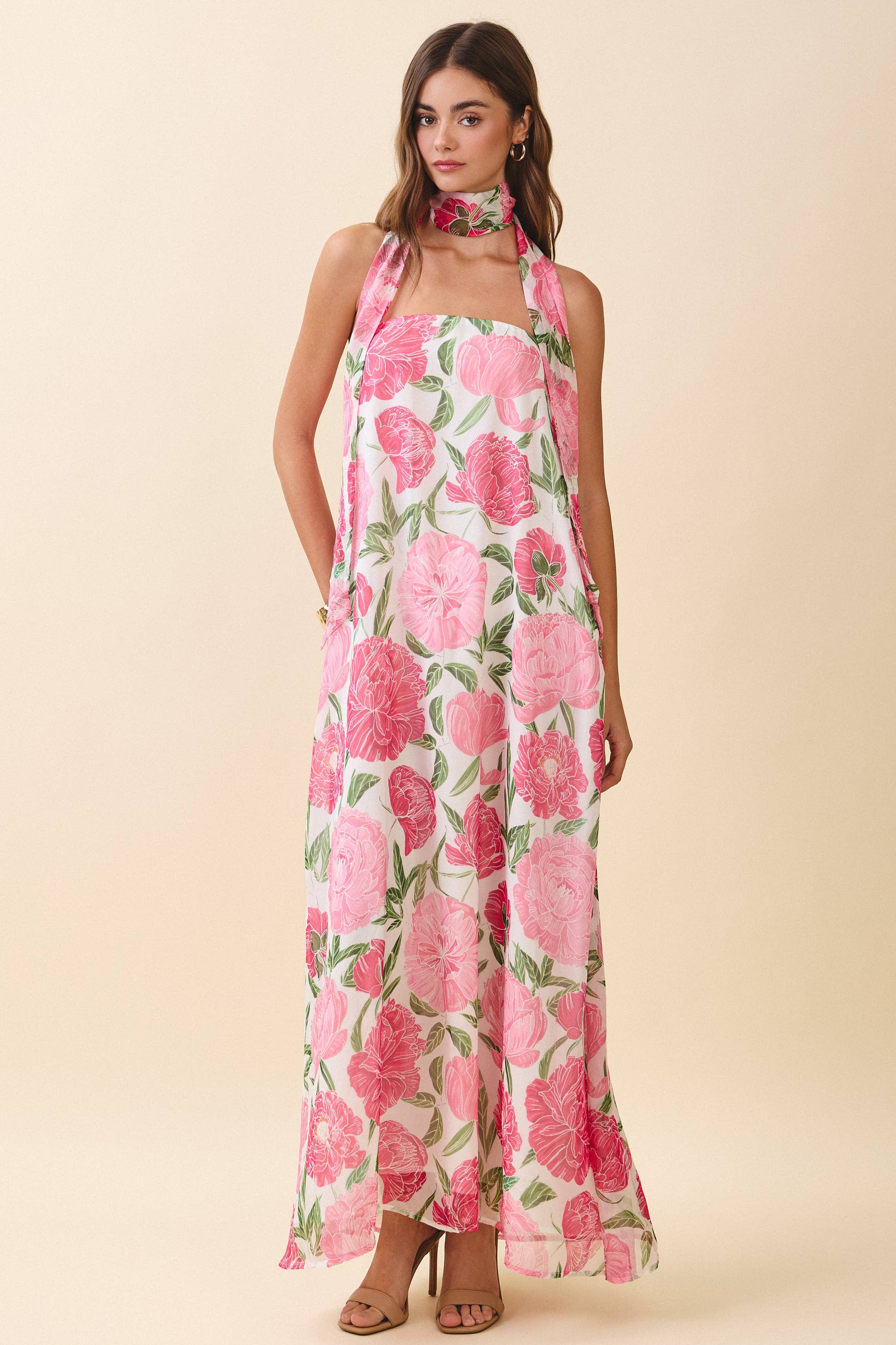 Strapless Floral Maxi Dress with Scarf