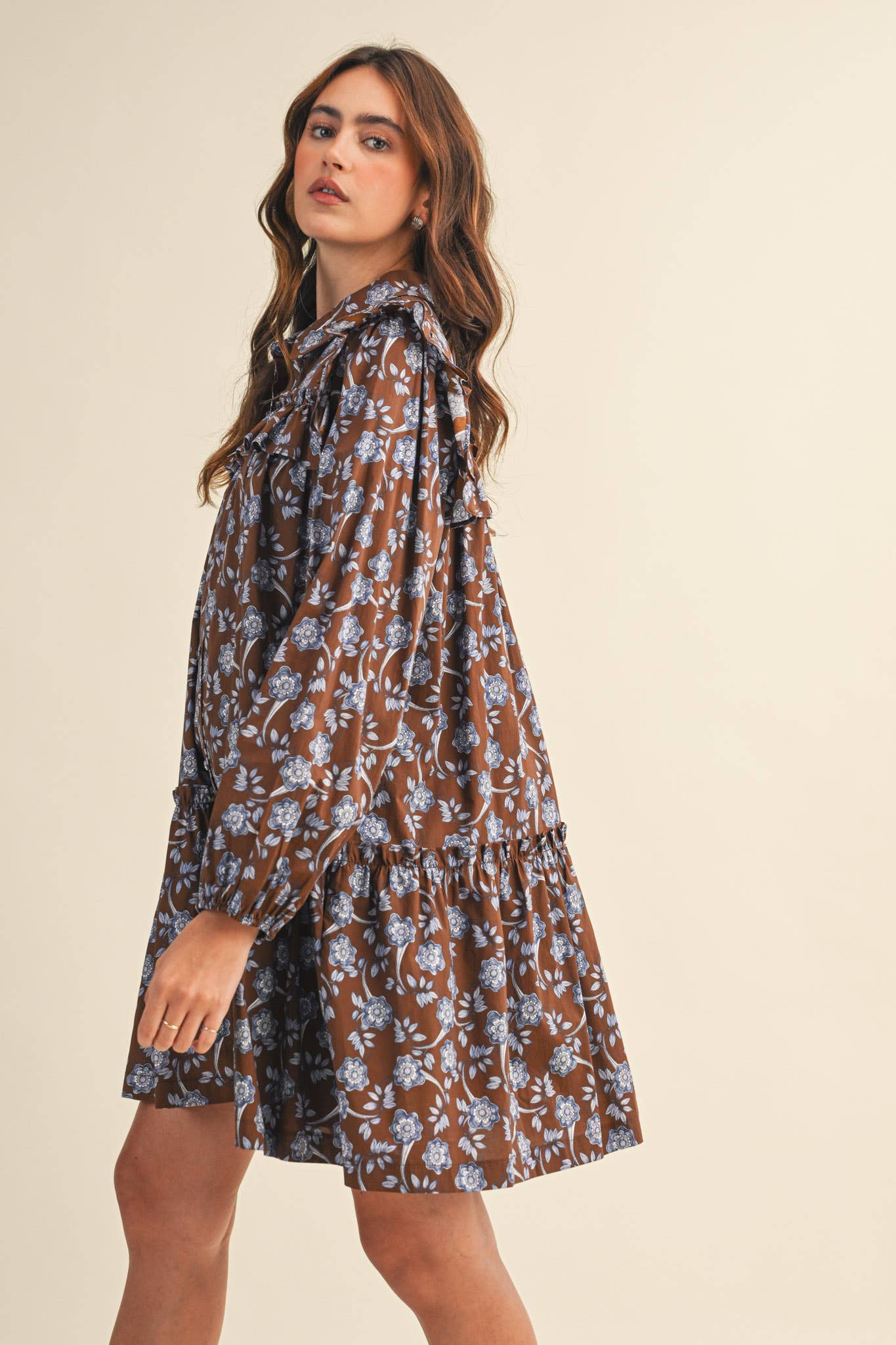 Brown Ruffle Trim Button Down Mini Dress