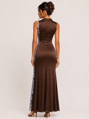 Brown Cowl Neck Satin Dress showing blue lace trim down side