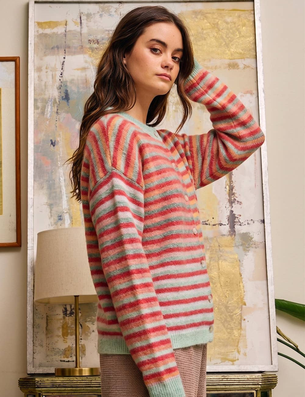 Red Space-Dye Striped Cardigan