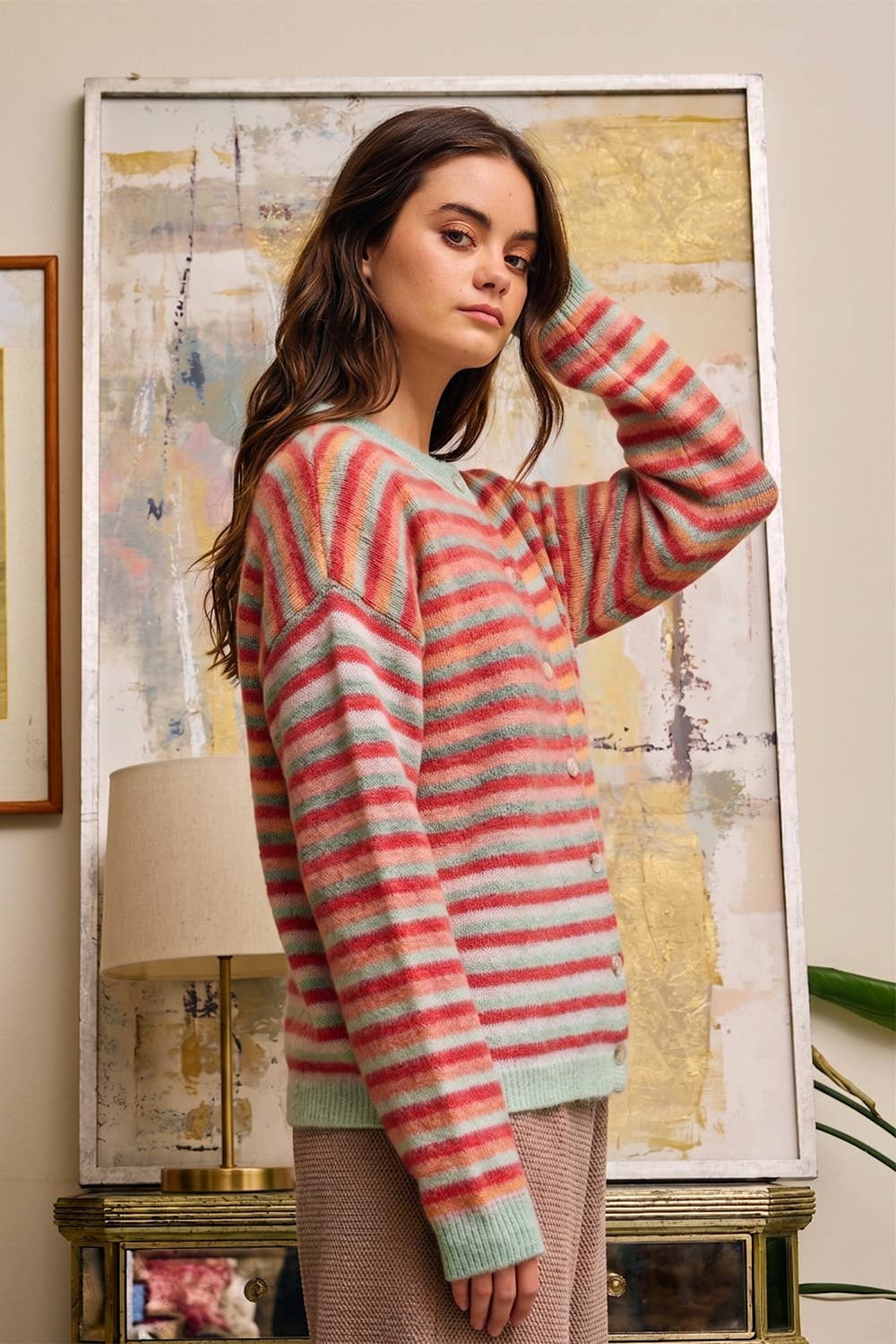 Red Space-Dye Striped Cardigan