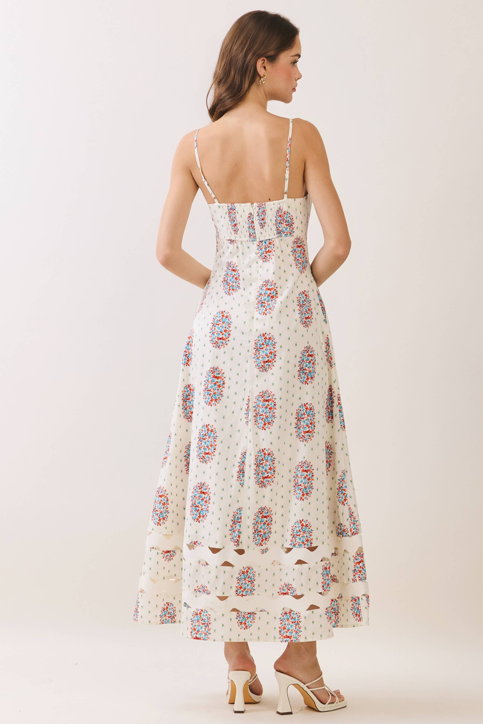 Cream Floral Cutout Detail Midi Dress