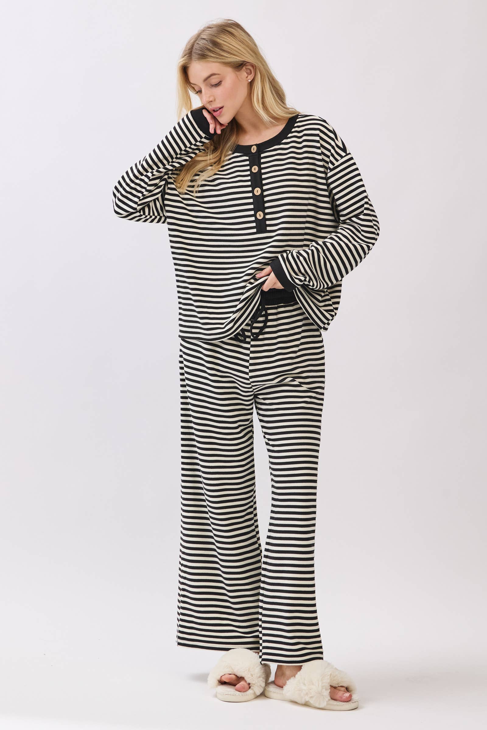 Striped Button Henley Brushed Lounge Set
