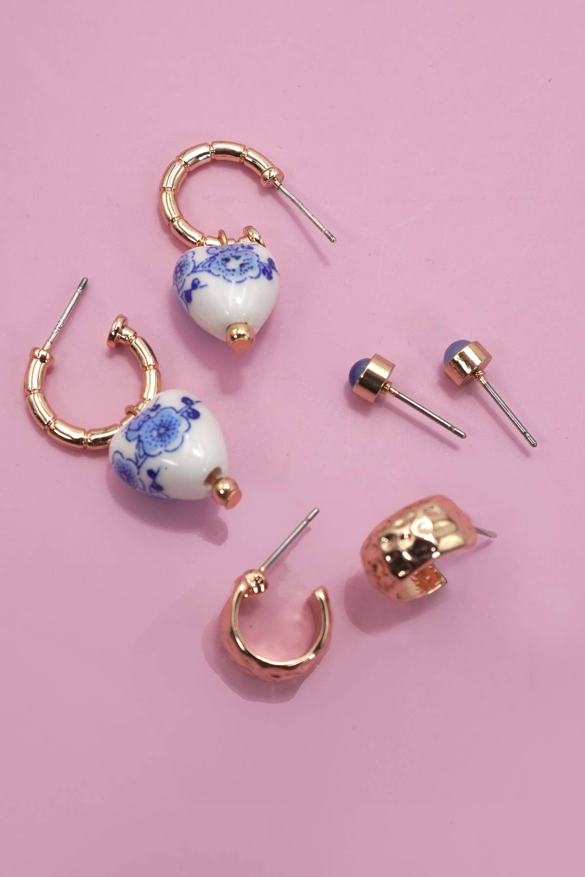 BLUE CERAMIC PORCELAIN TRIO HUGGIE HOOP EARRINGS