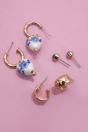 BLUE CERAMIC PORCELAIN TRIO HUGGIE HOOP EARRINGS