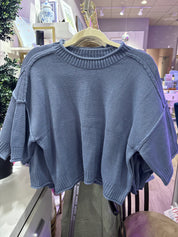 Blue Drop Shoulder Short Sleeve Pullover — drop shoulder and short sleeve
