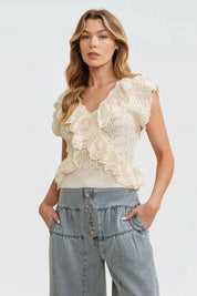 Cream Ruffle Knit Lace Top — color: cream and v-neckline
