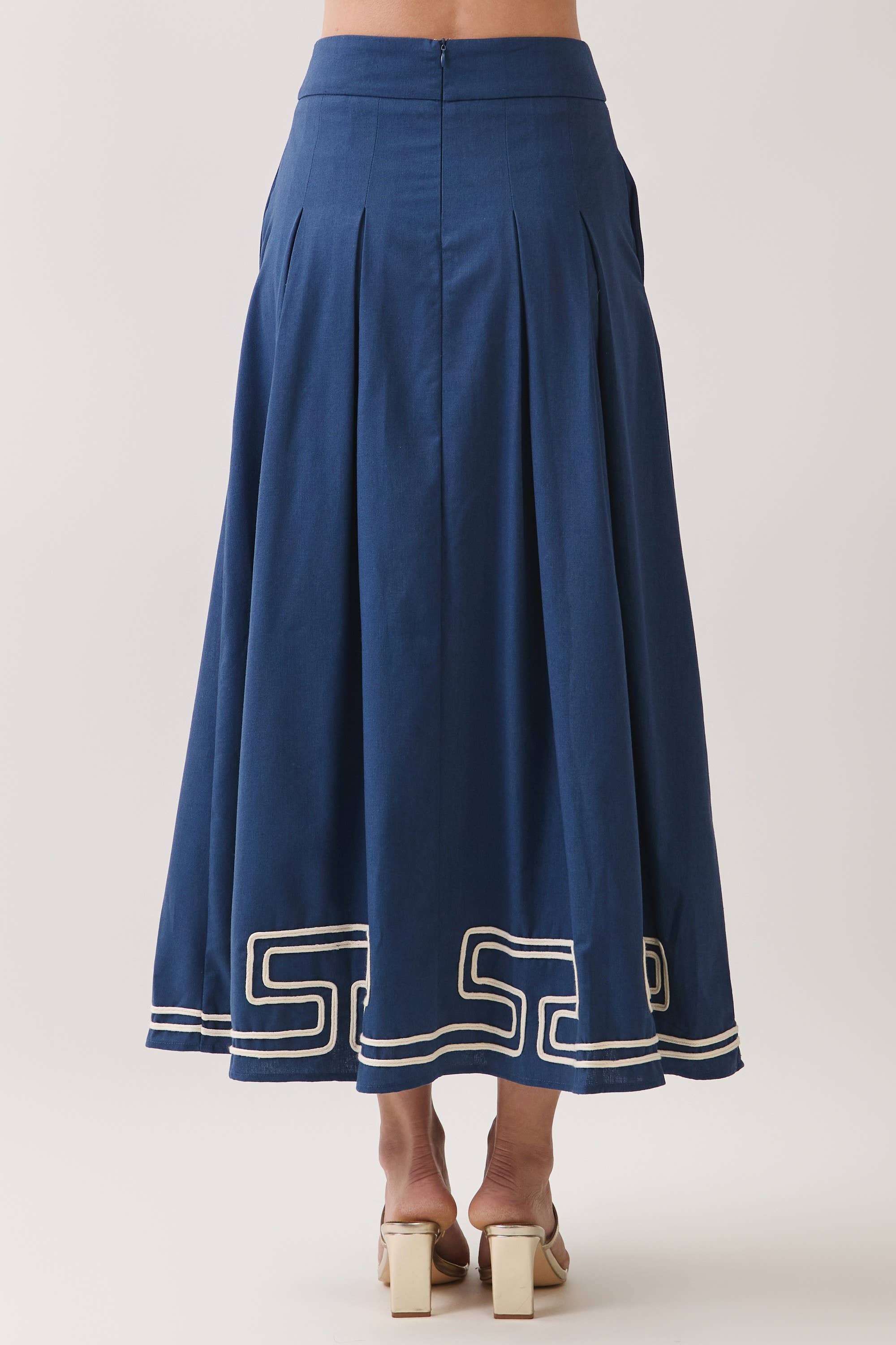 Navy Embroidered Pleated Maxi Skirt