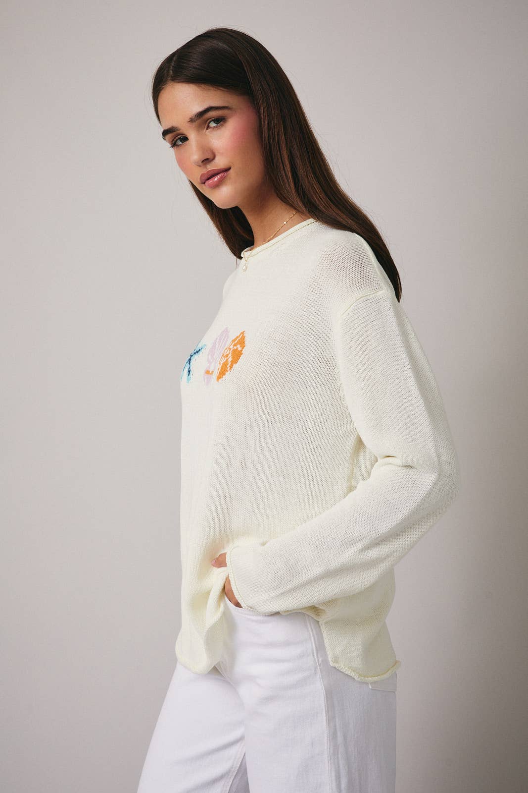 Cream Round Neck Sea Graphic Sweater