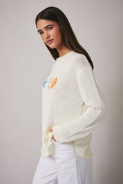 Cream Round Neck Sea Graphic Sweater