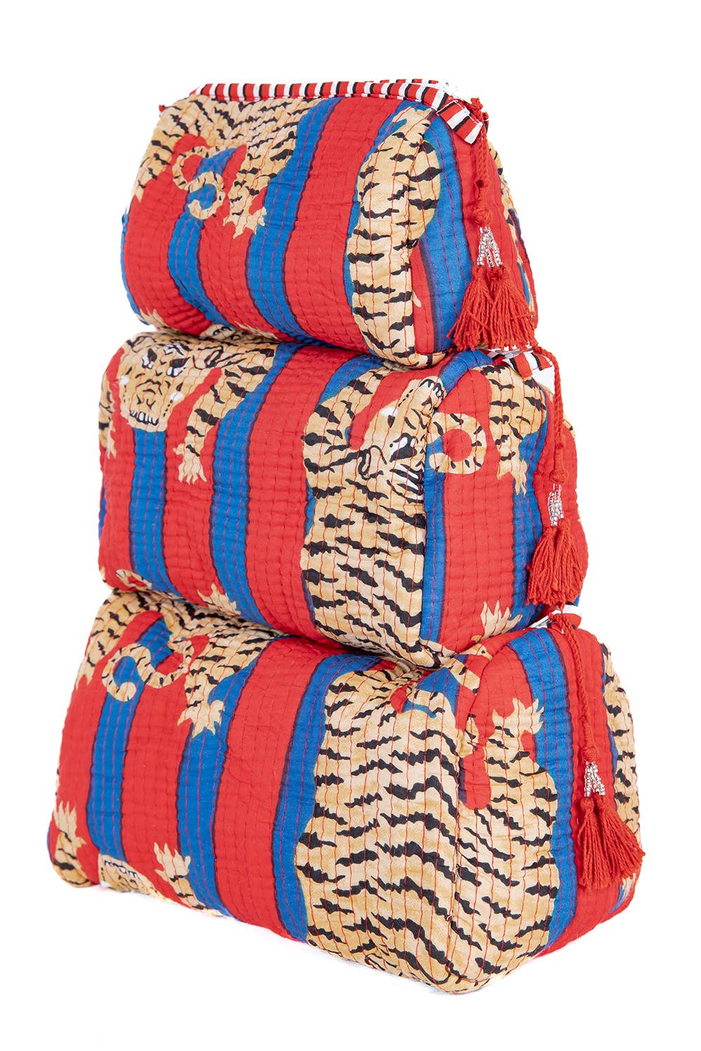 Red/Blue Tiger Quilted Makeup Bag Set of 3