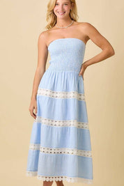 Blue Midi Tube Dress With Lace