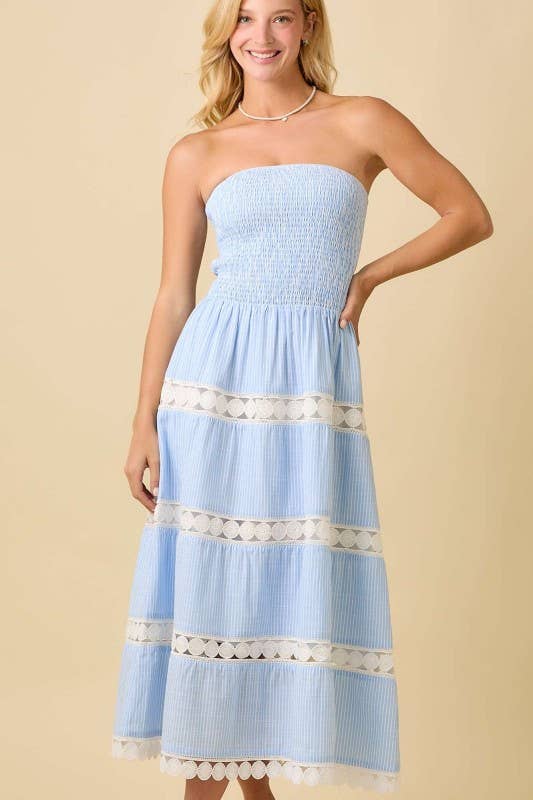 Blue Midi Tube Dress With Lace