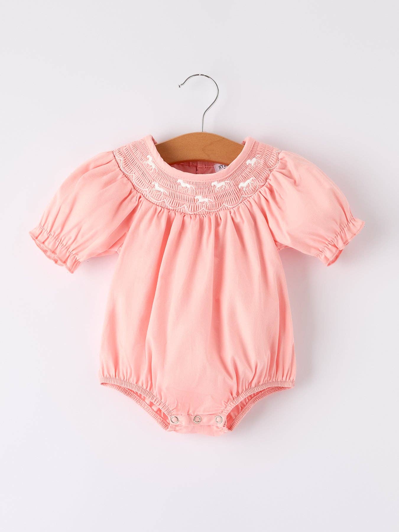 Coral Horse Smocking Embroidered Romper