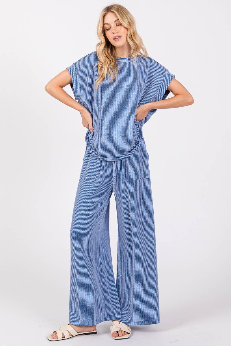 Blue Striped Rib Knit Lounge Set
