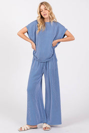 Blue Striped Rib Knit Lounge Set