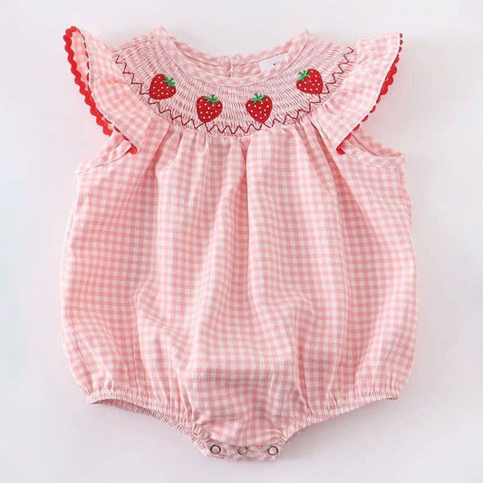 Girls Strawberry Plaid Smocked Romper