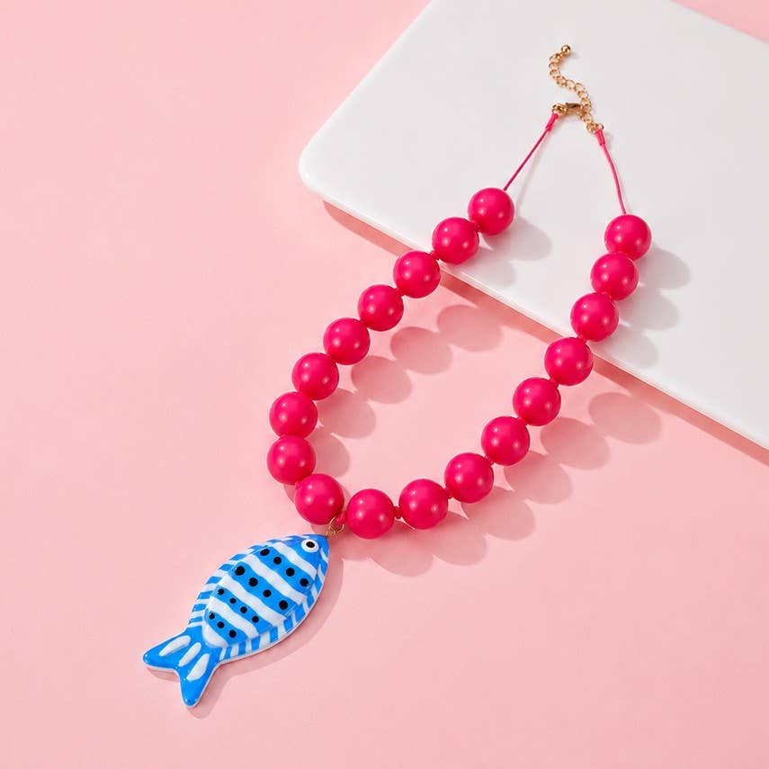 Pink Fish Pendant Beaded Necklace
