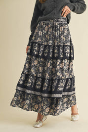 Black Ruffle Tiered Print Midi Skirt