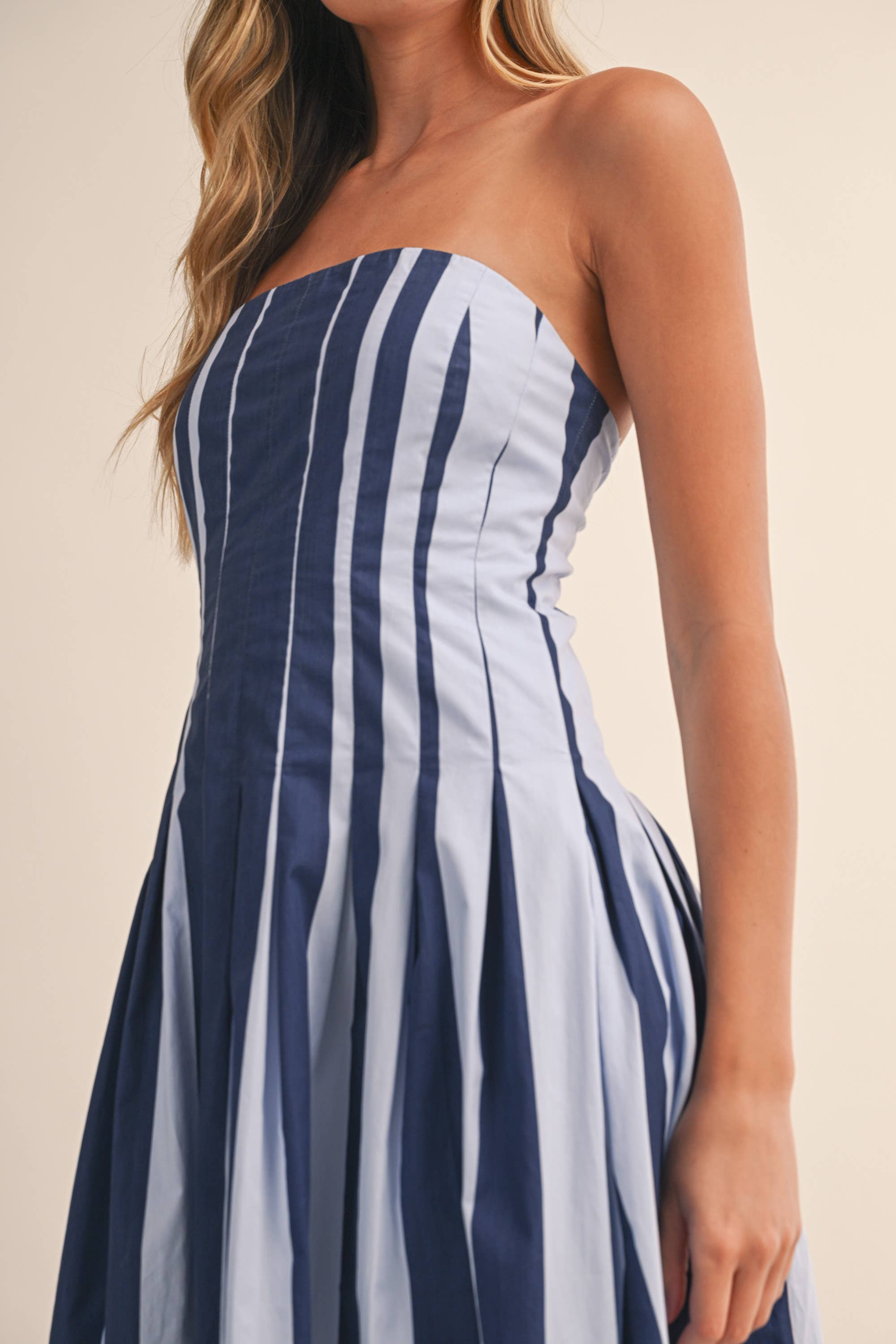 Blue Strapless Striped Midi Dress