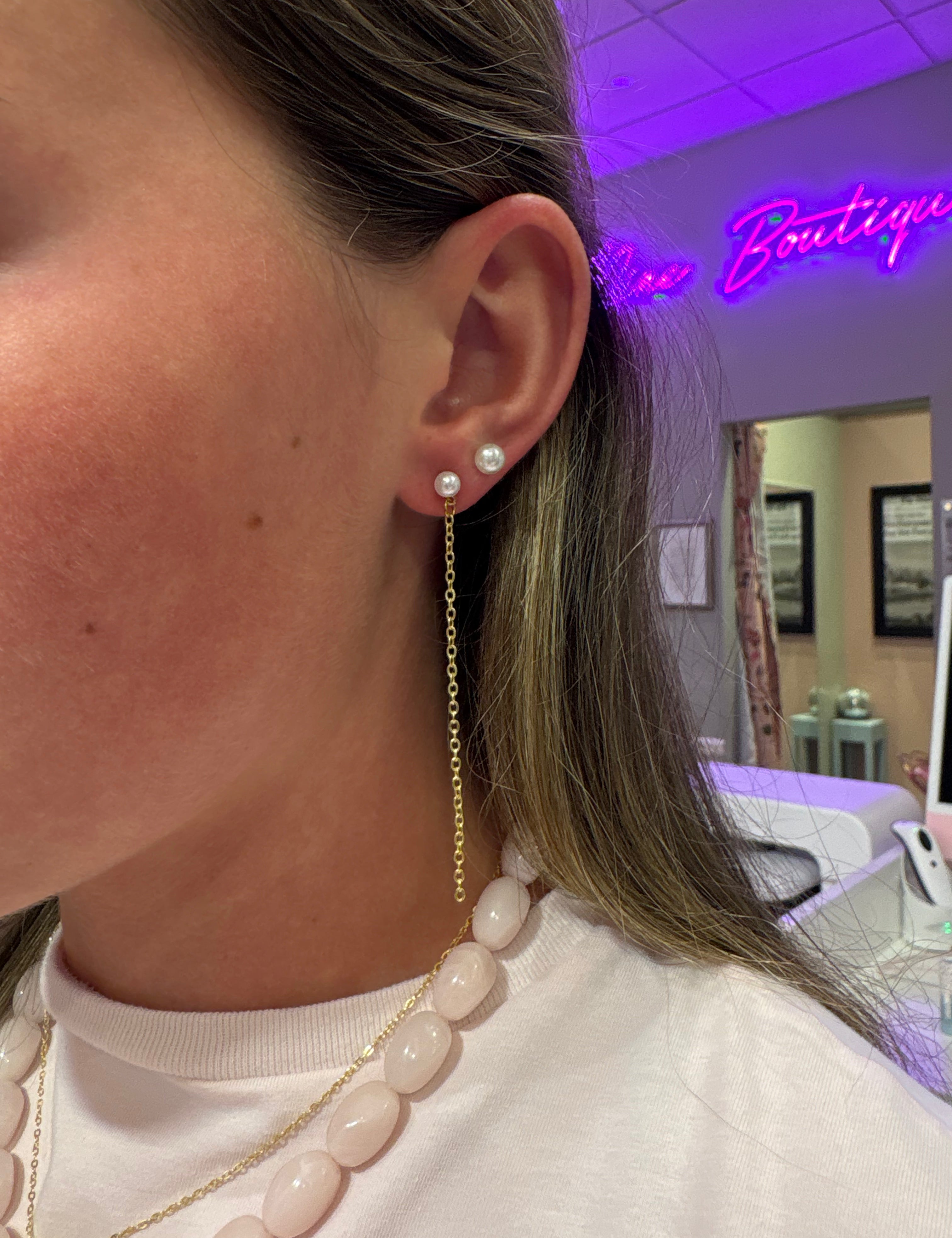 Small Pearl Chain Duster Earrings — small size pearl and small, medium, large size chain