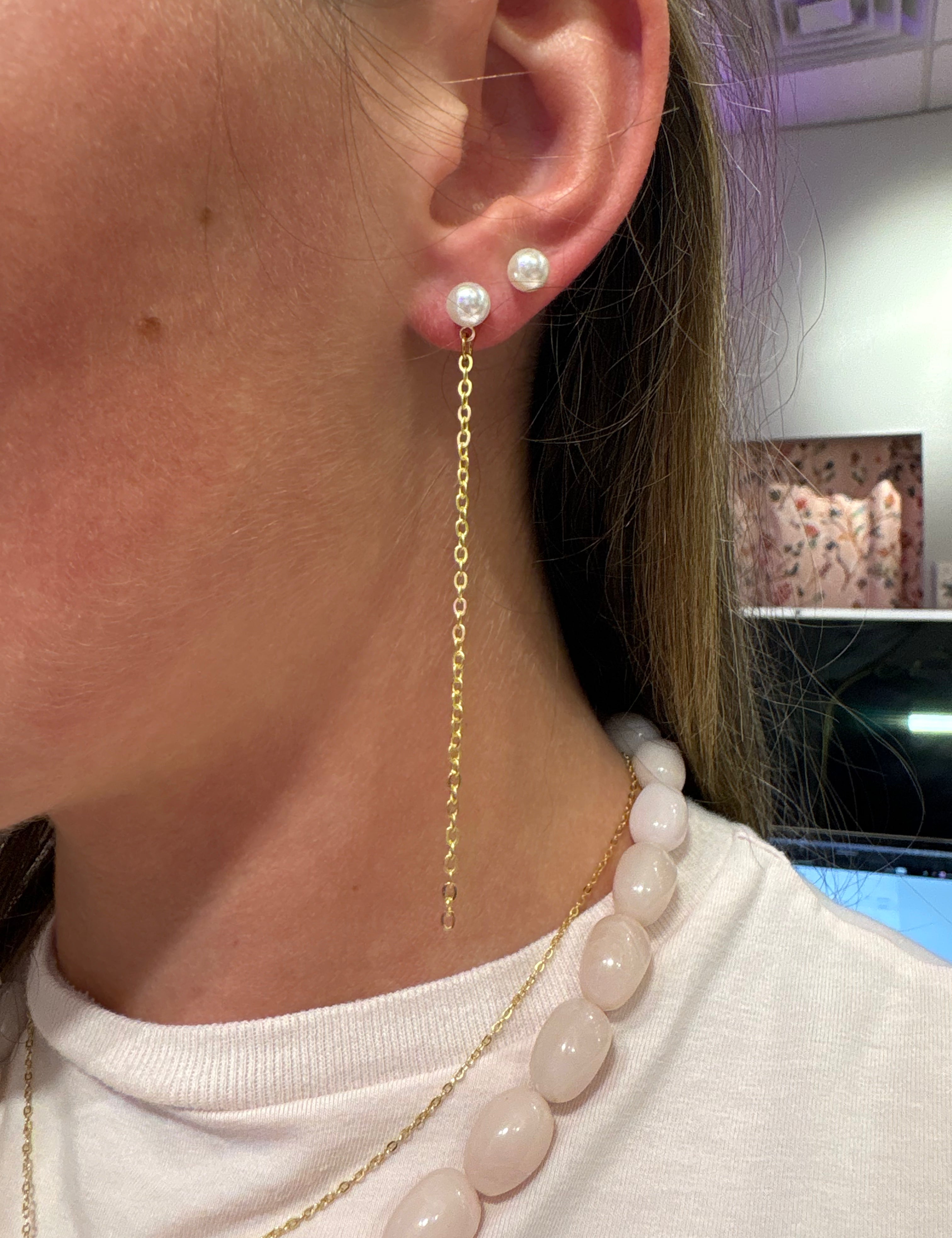 Medium Pearl Chain Duster Earrings — medium size pearl and small, medium, large size chain